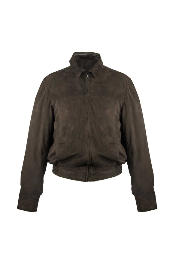 Brown leather jacket with elastic waist and zip