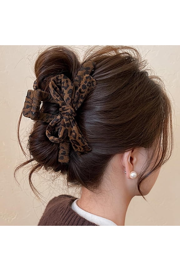 Brown leopard print bow hair clip, plush bow clip, vintage bow hair accessory, shark clip