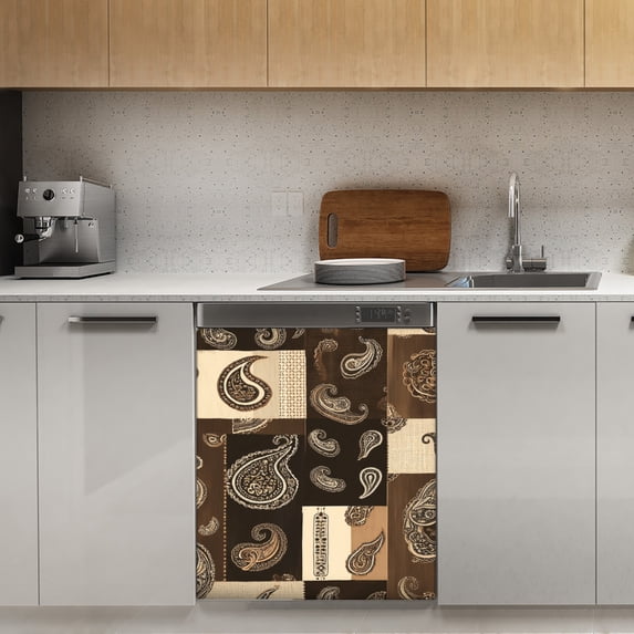 Brown paisley patchwork design Dishwasher Magnet Cover Decorative Sticker for Home Cabinet Kitchen 23" x26"