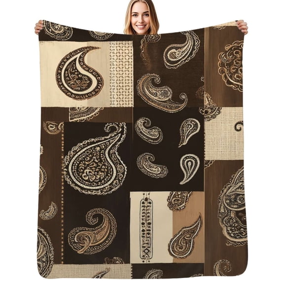 Brown paisley patchwork design Flannel Blanket Warm Soft Bedding Throws Winter Camping Chair Sofa Bed