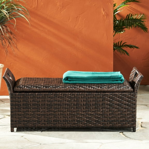Brown rattan finish, flat top | Ideal for pool deck, provides extra outdoor storage