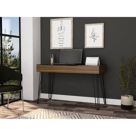 Brown rectangular desk with glass top and one drawer / Applicable to office settings