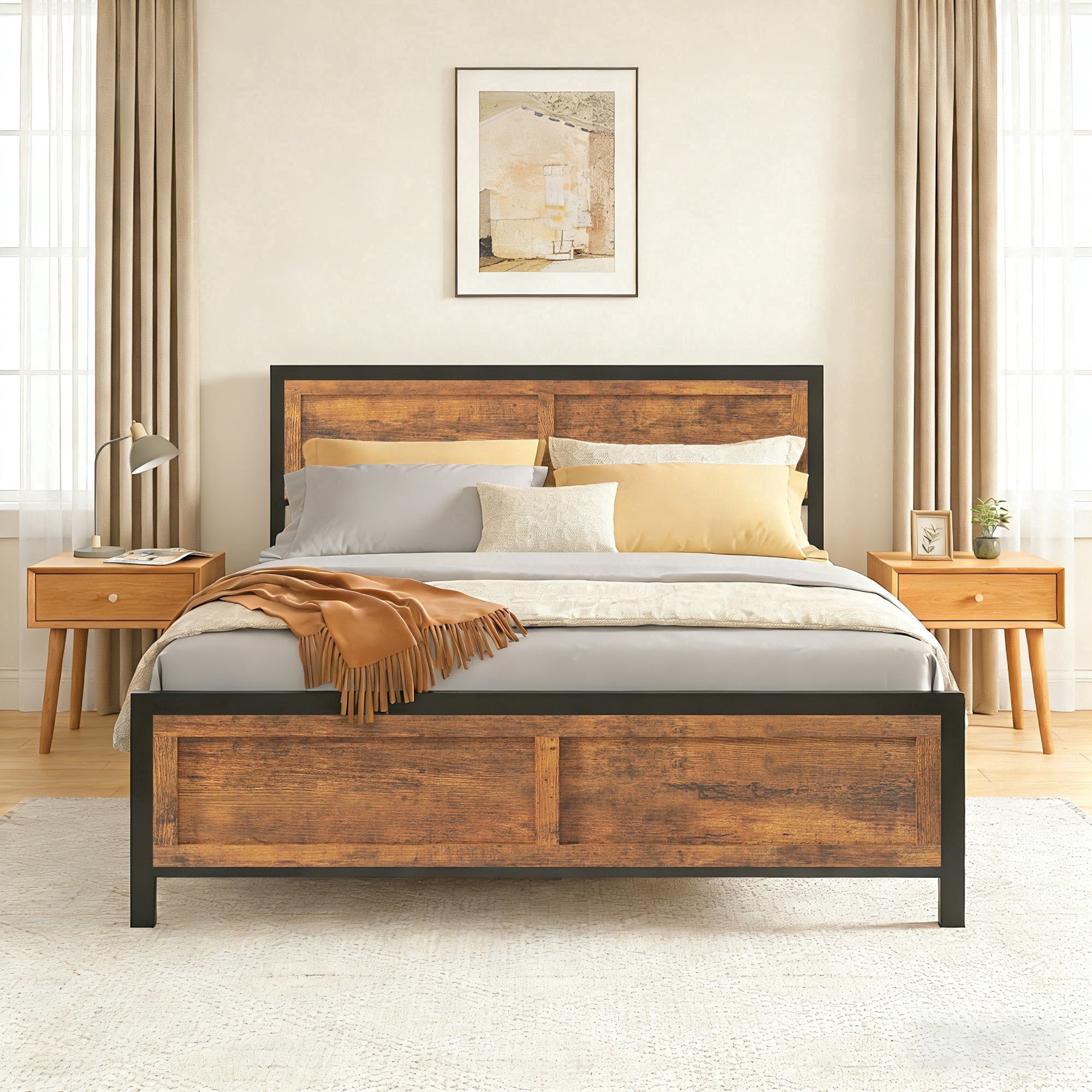 Vipbear Brown Sturdy Heavy-Duty Metal Queen Size Bed Frame With Headboard And Footboard, 10in Under-Bed Storage,Concealed Screw,Quiet,Easy To Assemble