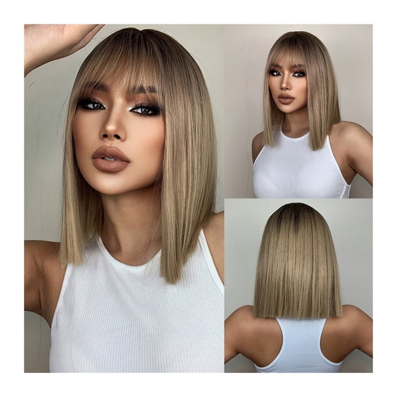 Brown to Blonde Ombre Synthetic Hair Wigs Short Bob Natural Wigs With Bangs for Women Heat Resistant Cosplay Wigs