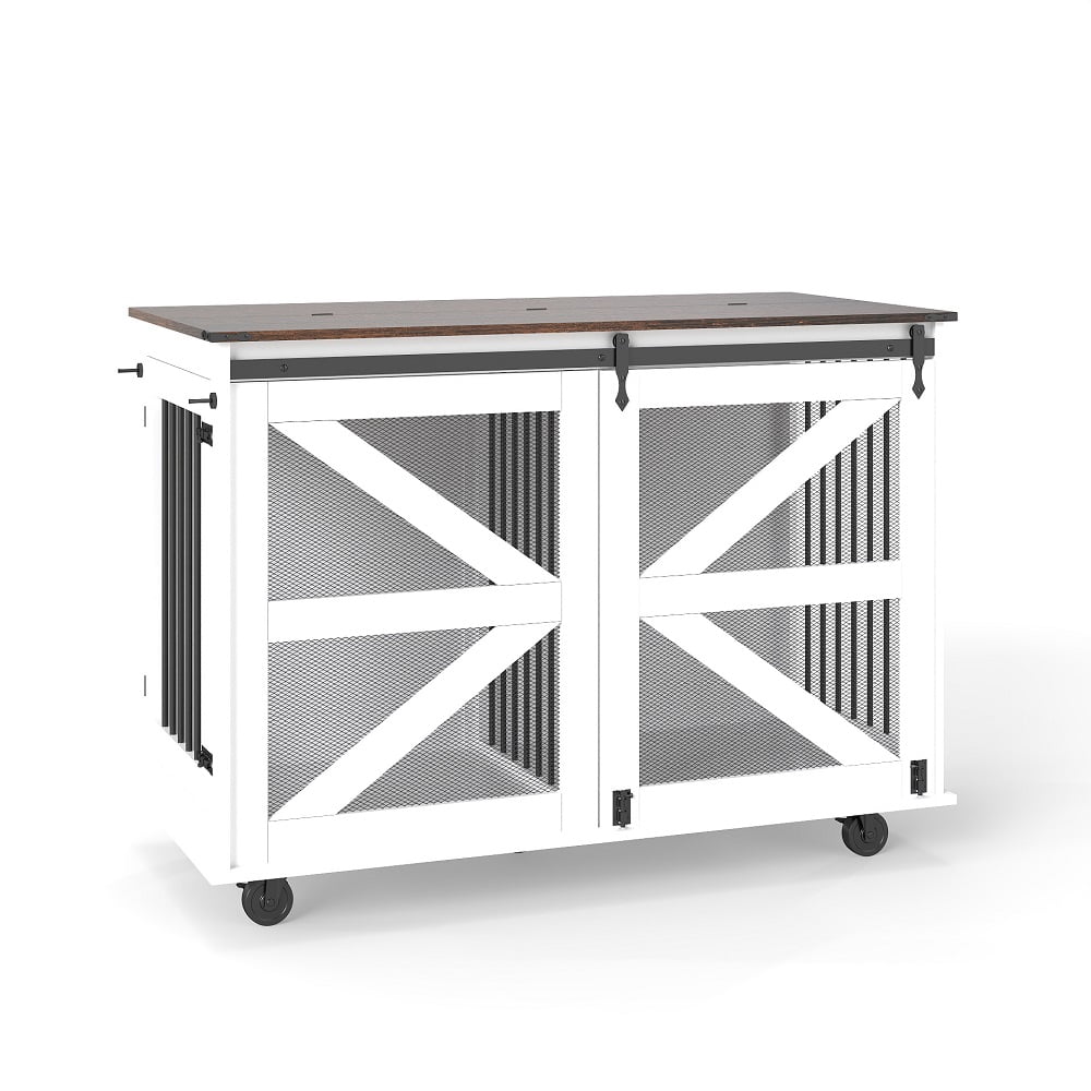 Brown white 47.2" Mobile Dog Crate with Flip-Top Feeding Door, Dual-Access & 5 Caster System (2 Locking), Side Hooks - Multi-Functional Pet Kennel,double dog crate furniture