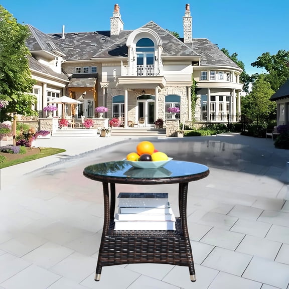 Brown wicker and tempered glass table / Outdoor barbecue area / Reasonable size for patio