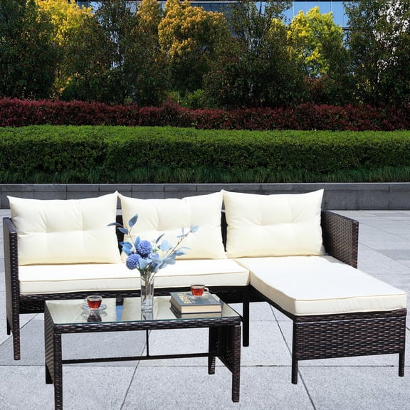 Brown wicker patio furniture set with cushions / Relax outdoors in an ergonomic setup