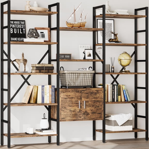 Brown(with Storage Cabinet) Triple 5-Tier Industrial Bookshelf