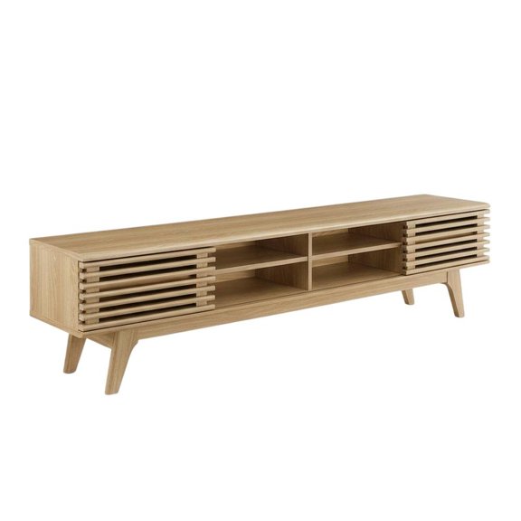 Brown wood entertainment center with spacious TV stand and sleek design