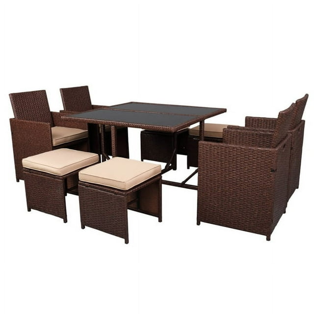 Brown wood grain rattan 9 piece dining table chair khaki 5cm sofa cushion glass 2 pieces (the product is shipped in three packages)
