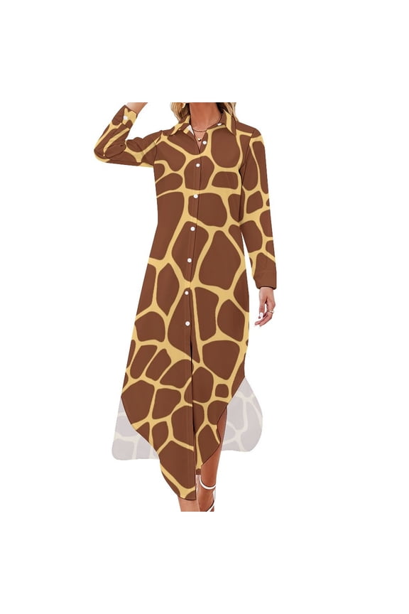 Brown yellow giraffe print pattern Long Sleeved Shirt Dress birthday dress women's summer dress dresses for womens