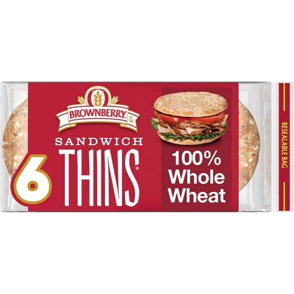 Brownberry Sandwich Thins Whole Wheat Rolls, 6 count, Pre-sliced Sandwich Thins, 12 oz Bag