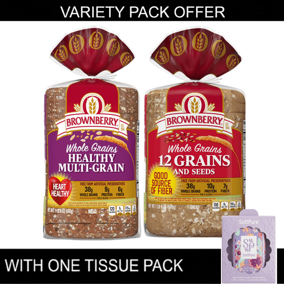 Brownberry Whole Grains Healthy Multi-Grain and 12 Grains and Seeds Bread Variety Pack with Tissue Pack, 24 oz