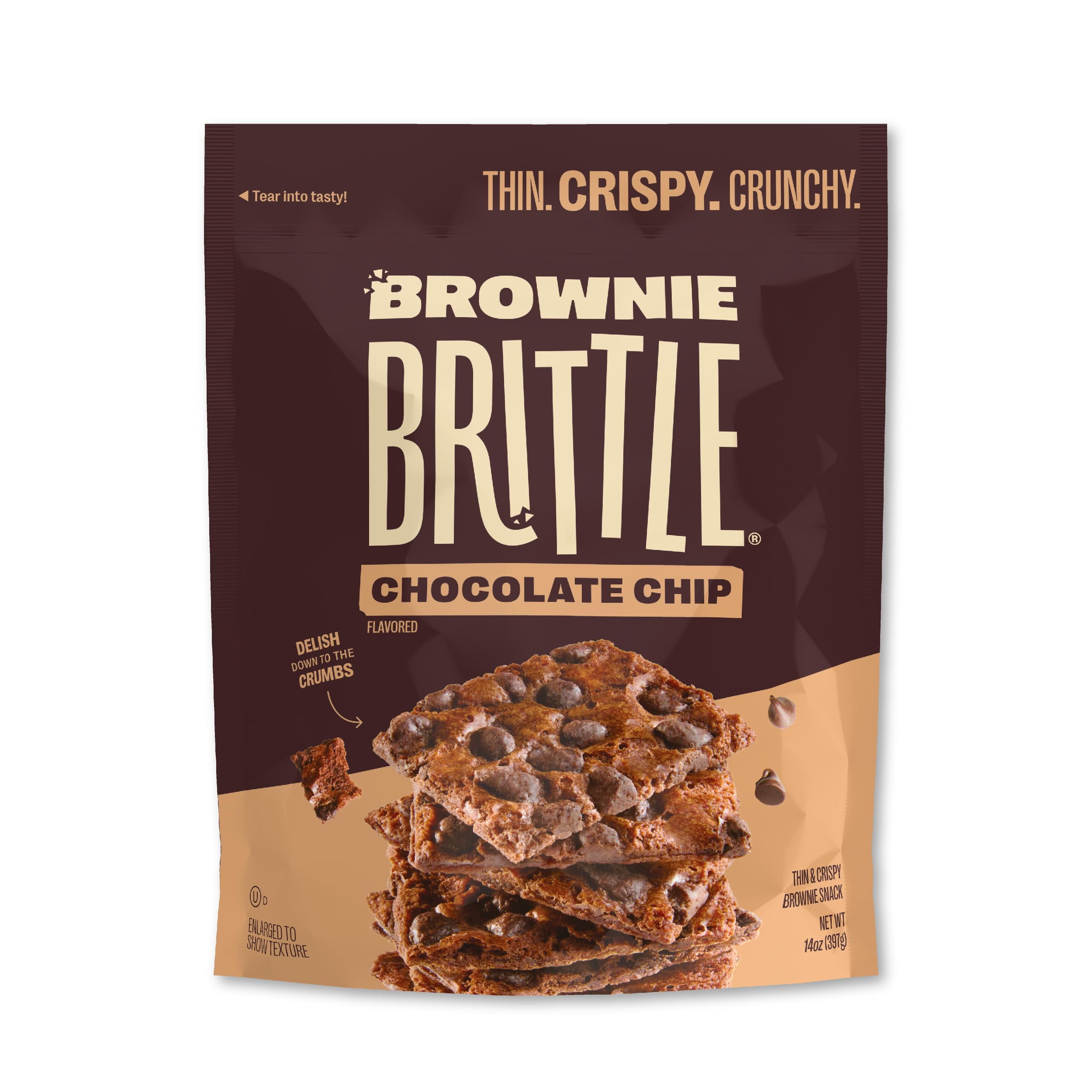 Brownie Brittle - Original KEF28 Chocolate Chip Thin and Crispy Sweet Snacks, Family Size (Pack of 1, 14 oz), Rich Gourmet Brownie Bites Dessert
