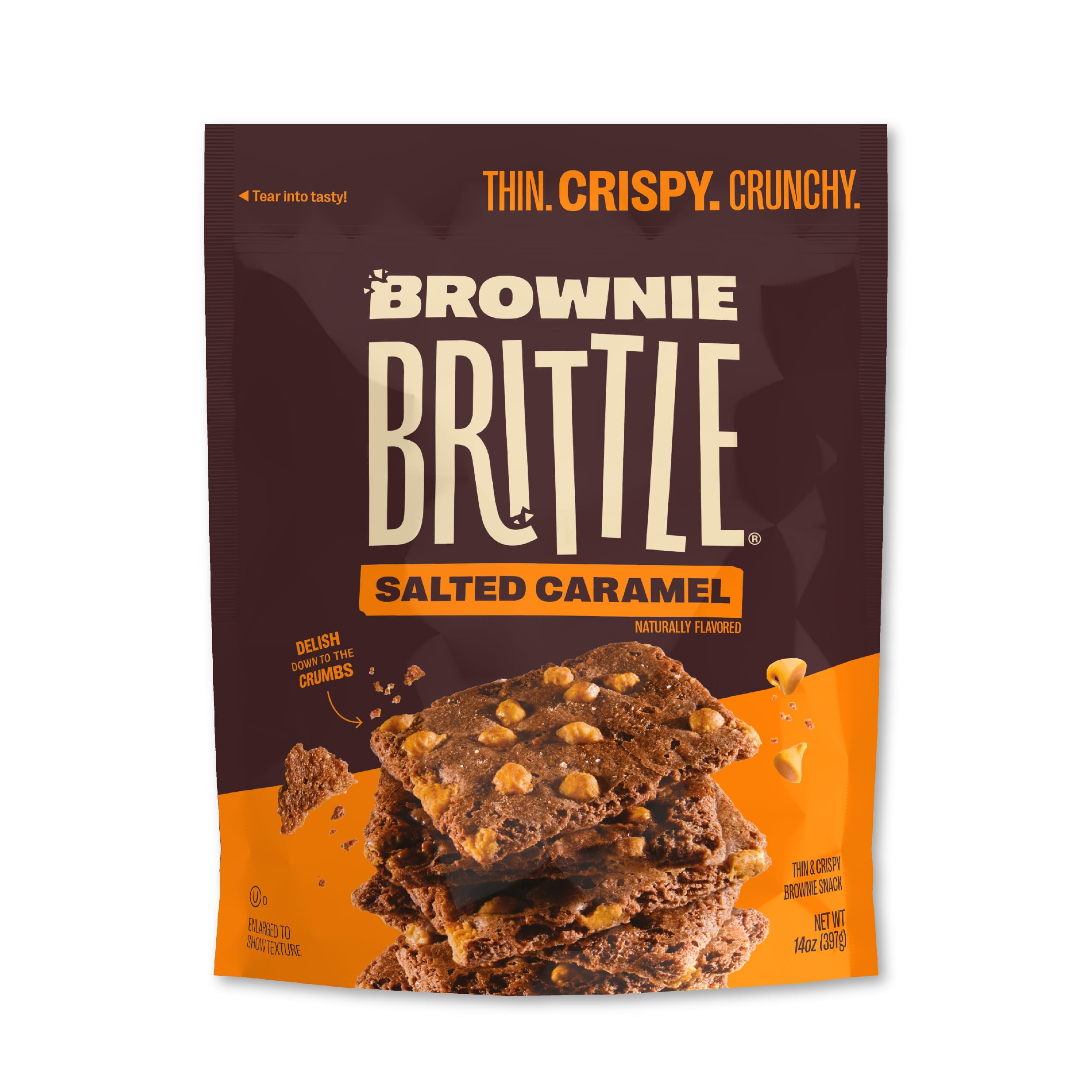 Brownie Brittle - Salted Caramel MDA05Thin and Crispy Sweet Snacks (Pack of 1, 14 oz), Rich Gourmet Brownie Bites Dessert