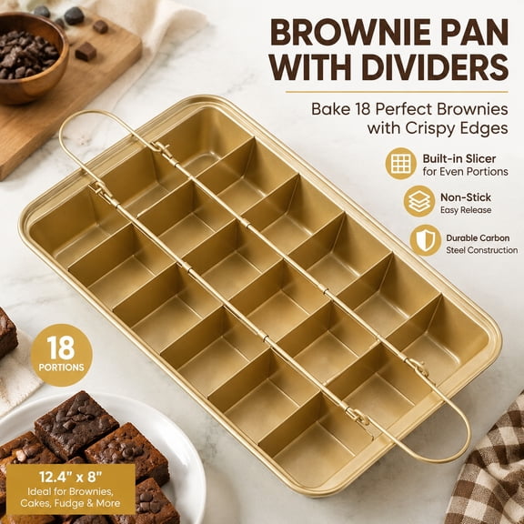 Brownie Pan with Dividers - 12.4" x 8" Non-Stick Carbon Steel Baking Pan with Built-in Slicer, Makes 18 Crispy Edge Brownies, Durable Champagne Gold Bakeware for Brownies, Cakes & Pizza