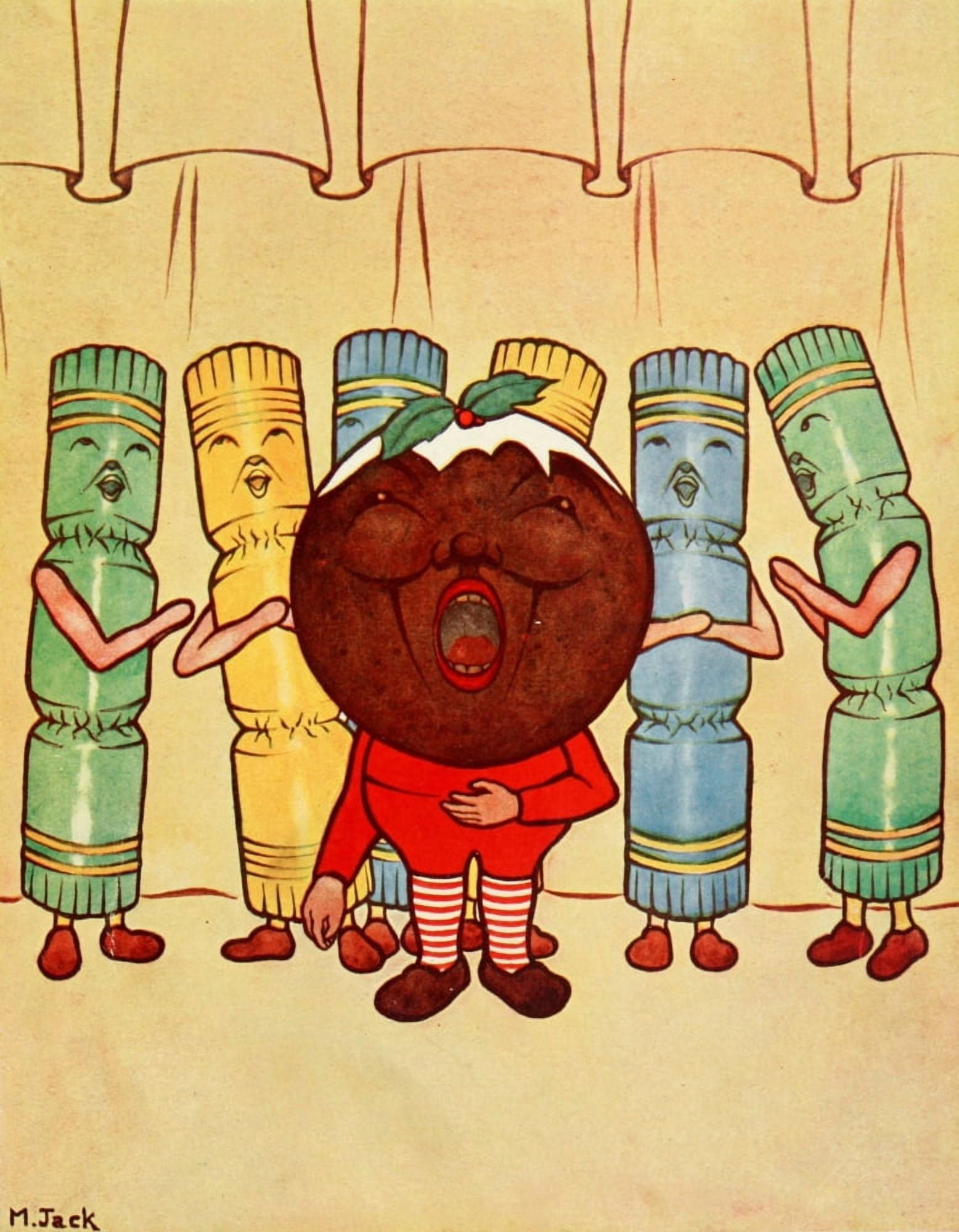 Brownie in Christmas land 1922 Christmas pudding & cracker choir Canvas Art - Marian Jack (18 x 24)