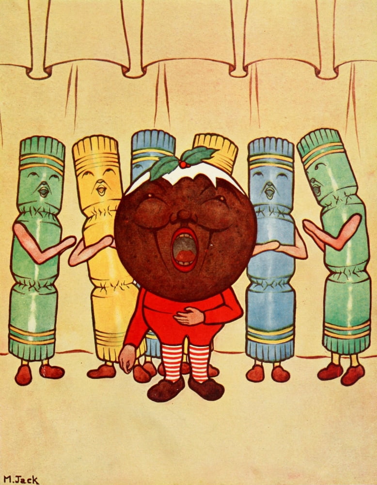 Brownie in Christmas land 1922 Christmas pudding & cracker choir Canvas Art - Marian Jack (24 x 36)