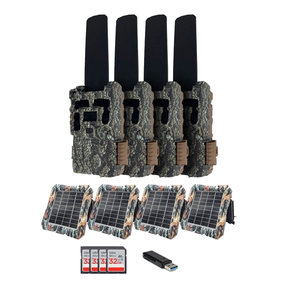 Browning Defender Wireless Pro Scout Max HD-DV Trail Camera (4 Pack) Bundle with Solar Panel, 32GB Memory Card and Card Reader (13 Items)