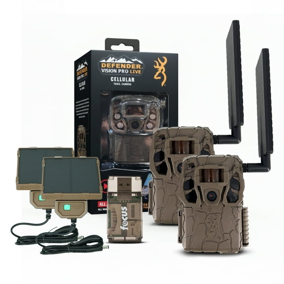 Browning Defender Wireless Vision Pro HD Livestream Trail Camera (2-Pack) Bundle with Solar Camera Power Pack and Card Reader (5 Items)