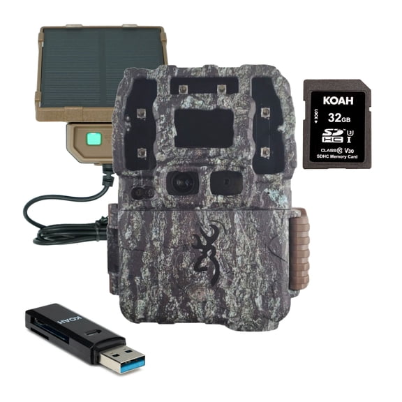 Browning Strike Force Pro DCL Nano 26MP Trail Camera Bundle with Universal Solar Power Pack, 32GB Memory Card and Card Reader (4 Items)