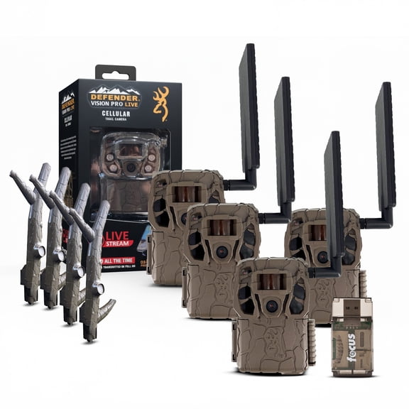 Browning Trail Camera - Defender Wireless Vision Pro HD Livestream with Long Range Cellular Antenna with Boosted Signal Strength (4 Pack) and Card Reader Bundle (9 Items)
