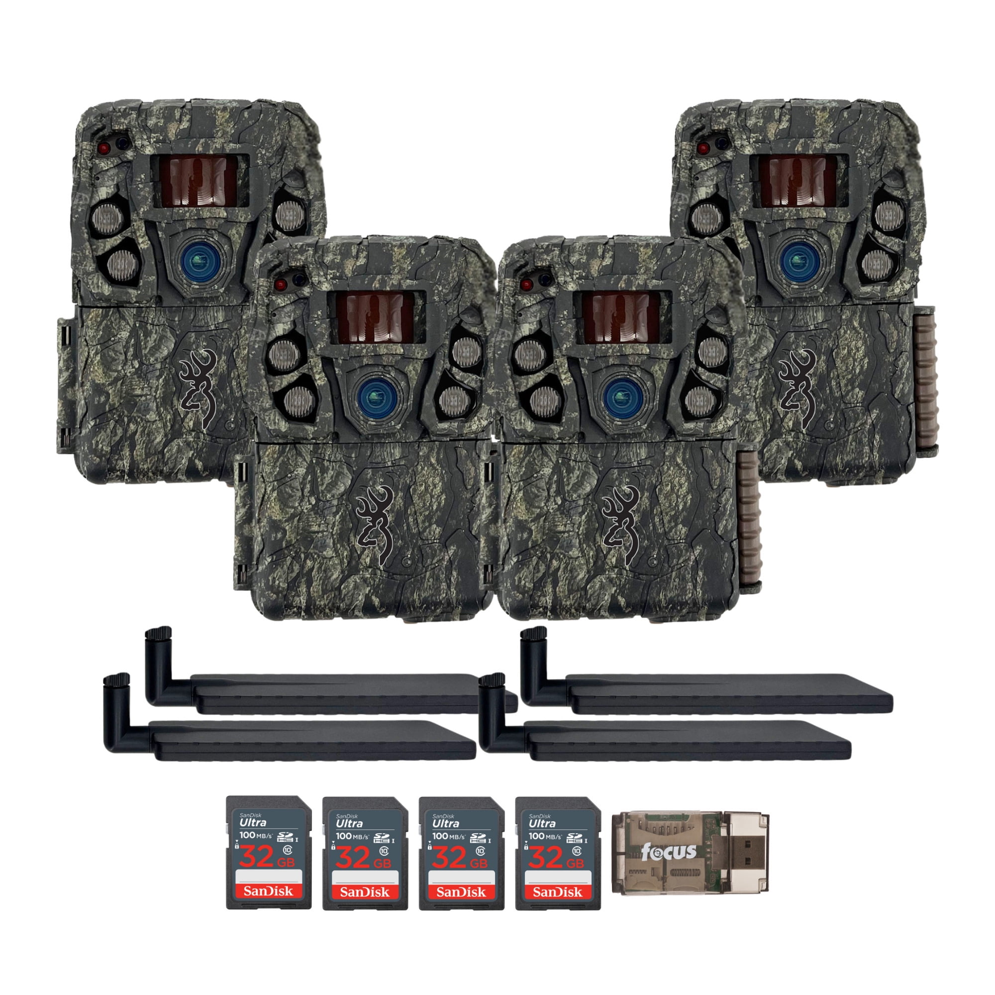Browning Trail Cameras - Defender Wireless Vision Pro HD AI 46MP (4-Pack) Bundle with 4x 32GB Memory Card and Card Reader (9 items)