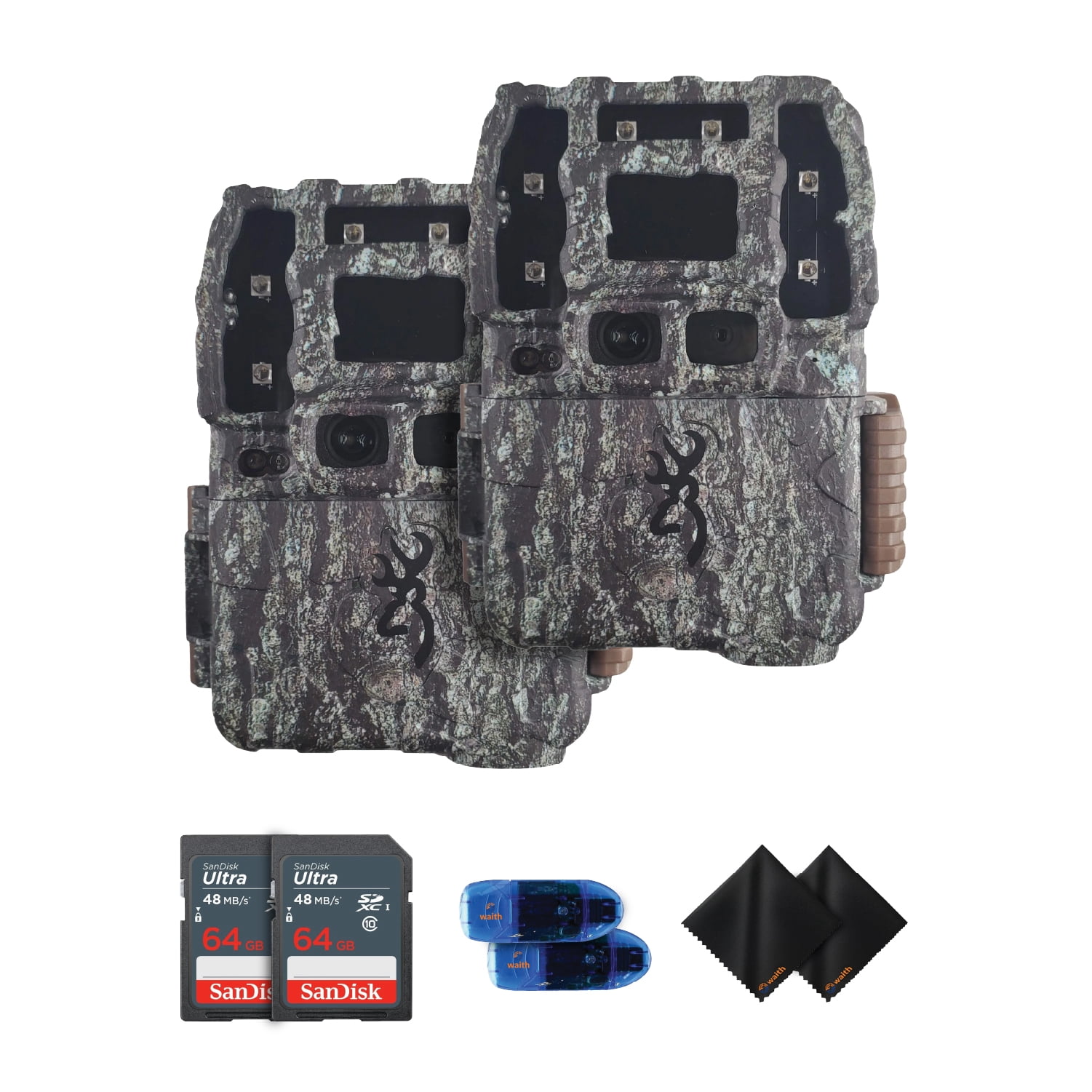 Browning Trail Cameras Strike Force Pro DCL Nano - 26MP 4K Dual Lens Technology Camera with USB 2.0 SD Card Reader, 64GB Ultra SDXC UHS I Memory Card & Cleaning Cloth - Pack of 2 Bundle Kit