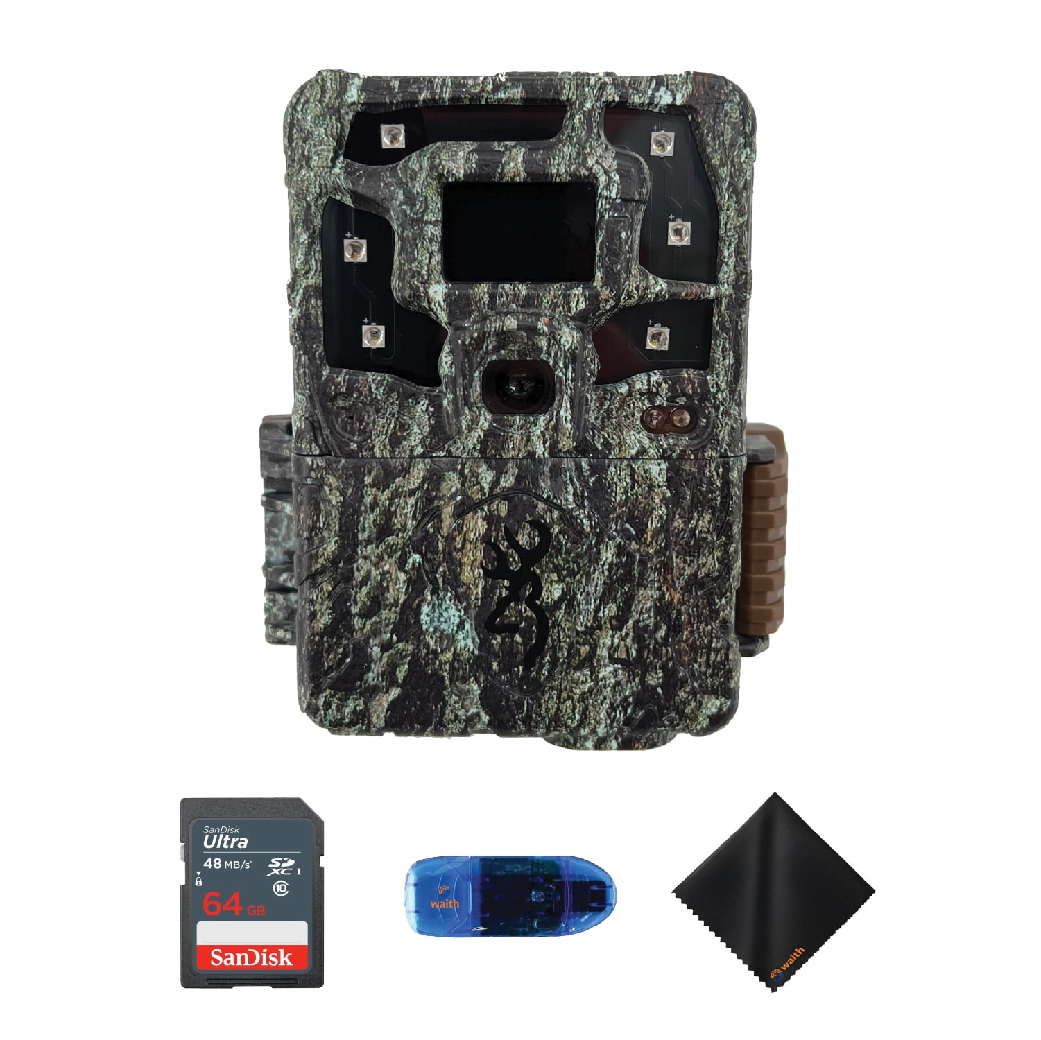 Browning Trail Cameras Strike Force Pro X 1080 Full HD - 24MP Trail Game Night Vision Camera with USB 2.0 SD Card Reader, 64GB Ultra SDXC UHS I Memory Card & Cleaning Cloth - Essential Bundle