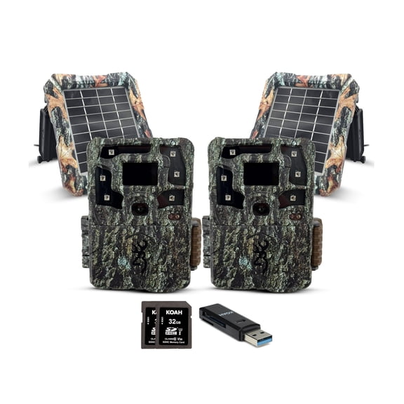 Browning Trail Cameras Strike Force Pro X 1080 Motion-Activated Trail Camera Bundle (2-Pack, Camo) with Solar Power Pack, 32GB Memory Card and Reader (7 Items)