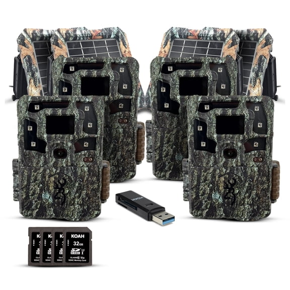 Browning Trail Cameras Strike Force Pro X 1080 Motion-Activated Trail Camera Bundle (4-Pack, Camo) with Solar Power Pack, 32GB Memory Card and Reader (13 Items)