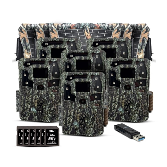 Browning Trail Cameras Strike Force Pro X 1080 Motion-Activated Trail Camera Bundle (6-Pack, Camo) with Solar Power Pack, 32GB Memory Card and Reader (19 Items)