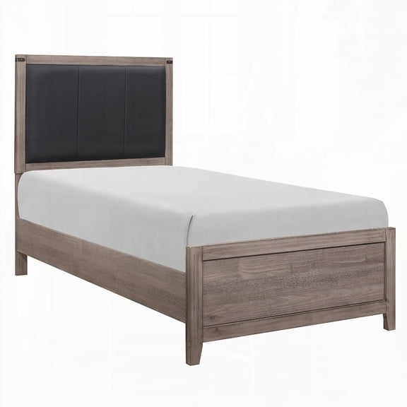 Brownish Gray Finish Twin Size Panel Bed with Black Faux Leather Upholstered Headboard and Industrial Design for Bedroom Furniture