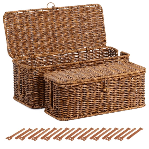 Brownlily 2 Pack Cable Management Box, Handwoven Rattan Cord Organizer with Open Slots for Power Strip,Medium and Large,Brown