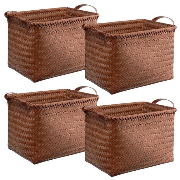 Brownlily 4pcs Handwoven Wicker Laundry Baskets with PU Leather Handles,Waterproof Rattan Storage Baskets for Blankets and Bedroom,Brown