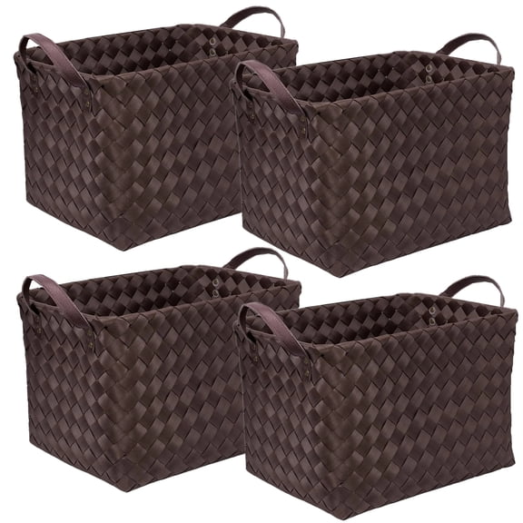 Brownlily 4pcs Handwoven Storage Baskets with PU Leather Handles,Waterproof Laundry Basket for Blankets Bedroom,Espresso