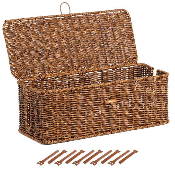 Brownlily Cable Management Box,Handwoven Rattan Cord Organizer with Open Slots for Power Strip,Large,Brown