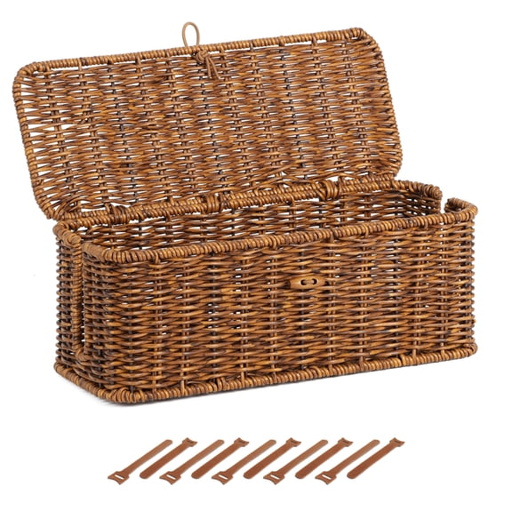 Brownlily Cable Management Box,Handwoven Rattan Cord Organizer with Open Slots for Power Strip,Medium,Brown