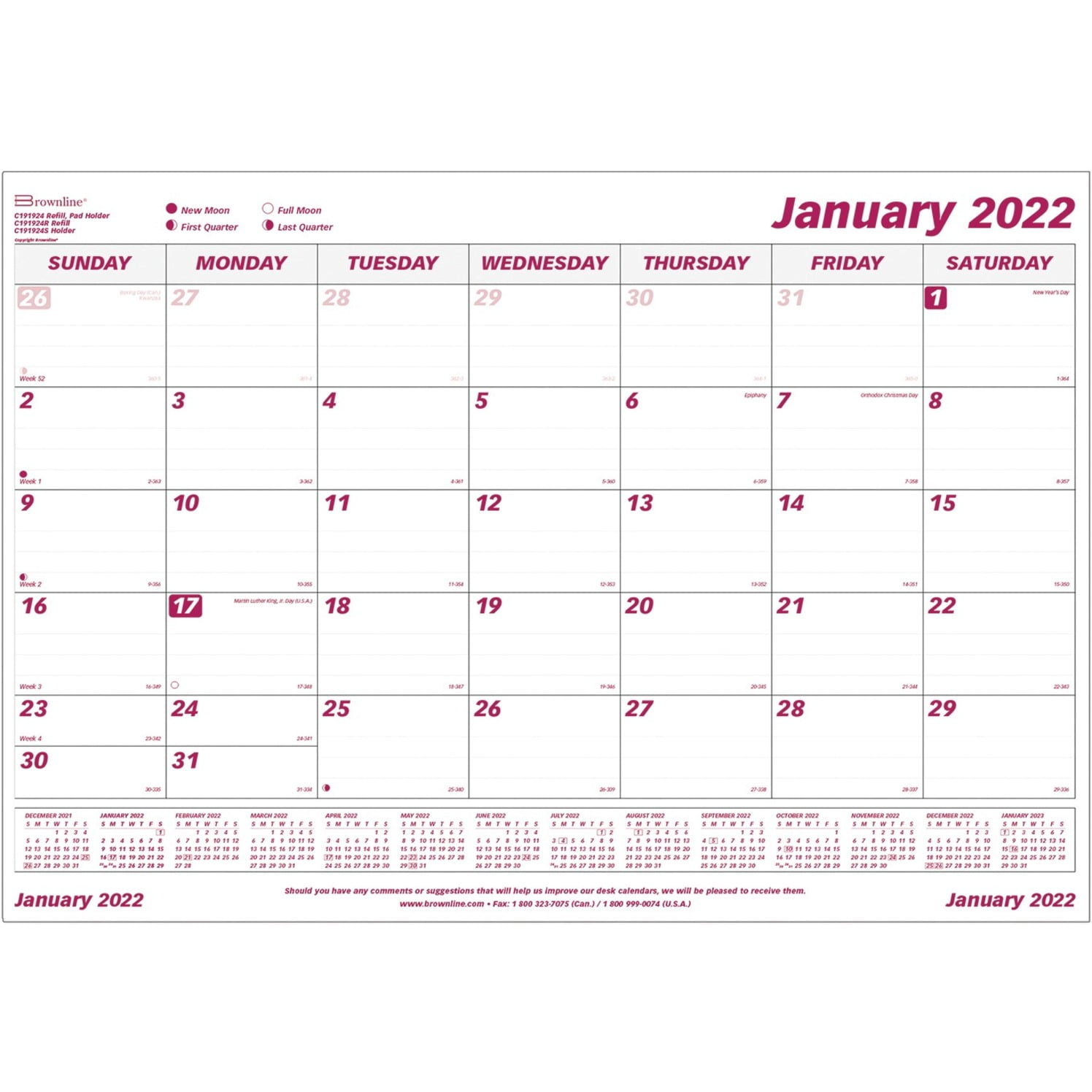 Brownline Monthly Desk Pad Calendar Refill