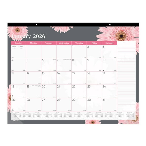 2026 Blueline® Monthly Desk Pad Calendar, 22" x 17", Pink Daisy, January To December, C193105