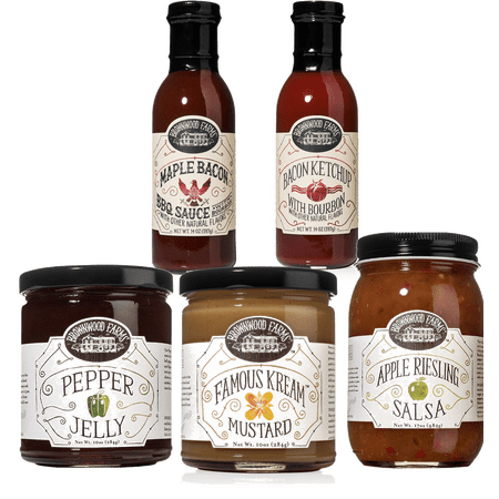 Brownwood Farms BBQ Sauce, Bacon Ketchup, Kream Mustard, Apple Salsa & Pepper Jelly Variety 5-Pack