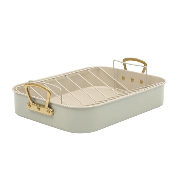 Broxton 2-Piece Nonstick Roaster Pan with Rack  16 x 12 Inch Mint Green Turkey Roasting Pan with Cast Aluminum Gold Handles  Oven-Safe Easy-Clean Holiday Cookware