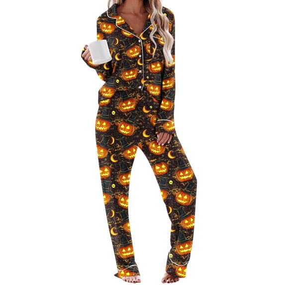 Brqkzdu 2 Piece Womens Halloween Pajamas Sets Long Sleeve Collar Button Down Pj and Pajama Pants Loose Comfy Nightwear Sets