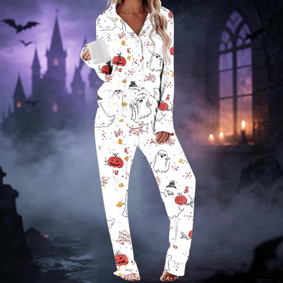 Brqkzdu 2 Piece Womens Halloween Pajamas Sets Long Sleeve Collar Button Down Pj and Pajama Pants Loose Comfy Nightwear Sets