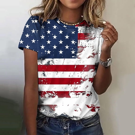 Brqkzdu 4th of July Shirts for Women American Flag Red White and Blue Graphic Tee Crew Neck Short Sleeve Patriotic T-Shirt Independence Day Tops Memorial Day Gifts
