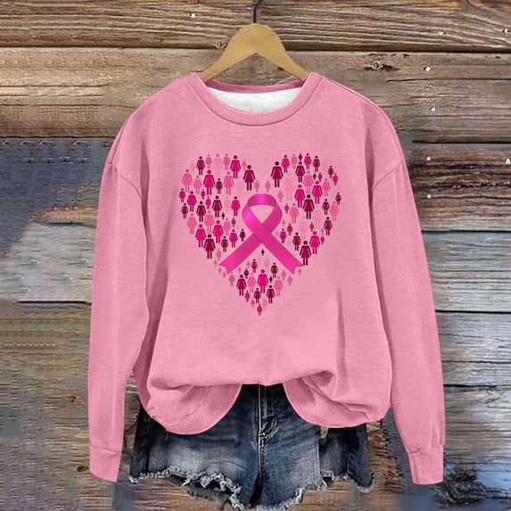 Brqkzdu Breast Cancer Awareness Sweatshirt Women Long Sleeve Crew Neck Pink Ribbon Graphic Loose Oversized Casual Pullover Tops