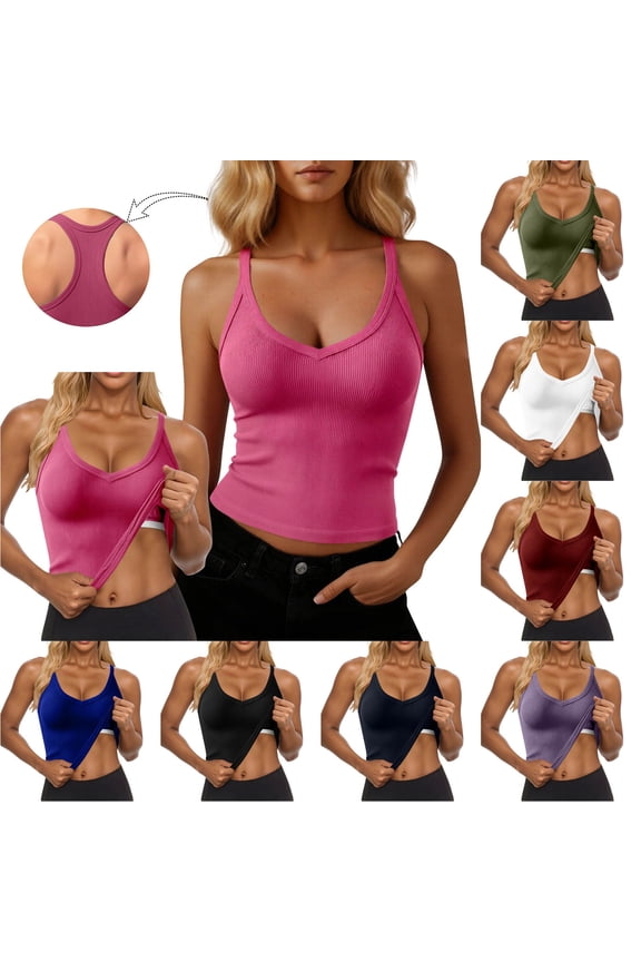 Built-in Bra Tank Tops for Women Sleeveless Racerback Tank Top Summer Casual Ribbed Knit Cami Scoop Neck Slim Fitted Workout Camisole Top