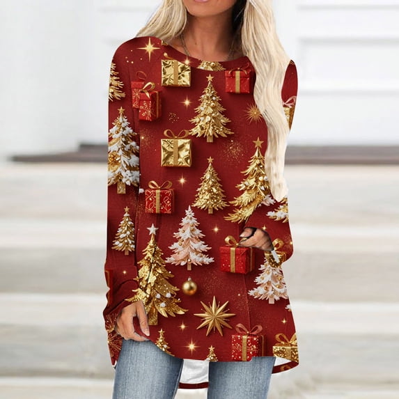 Brqkzdu Christmas Long Sleeve Shirt for Women Xmas Tree Print Shirts Crewneck Holiday Blouses for Women XXL