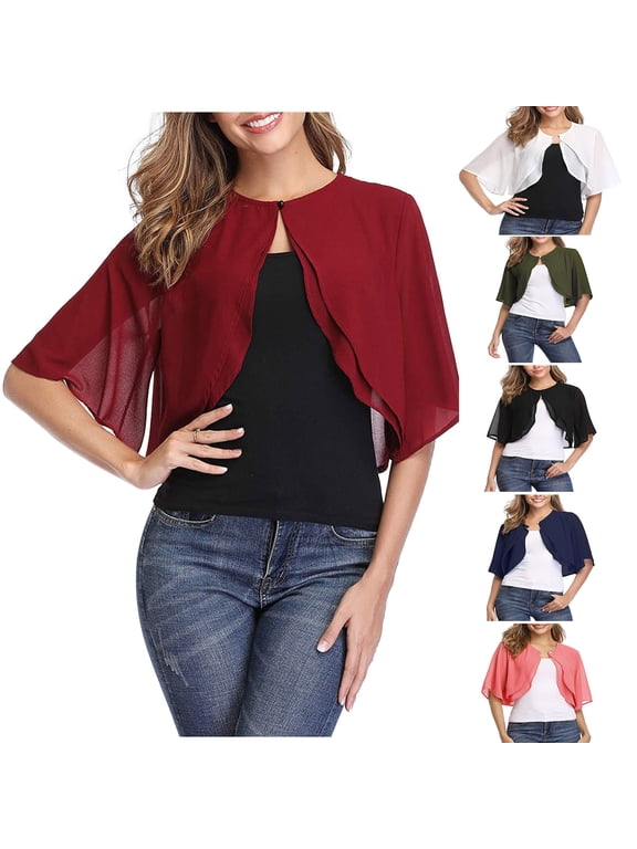 Cropped Bolero Shrug for Women Lightweight Open Front 3/4 Sleeve Sheer Kimono Cardigan Summer Loose Fit Chiffon Cover Up for Evening Dress
