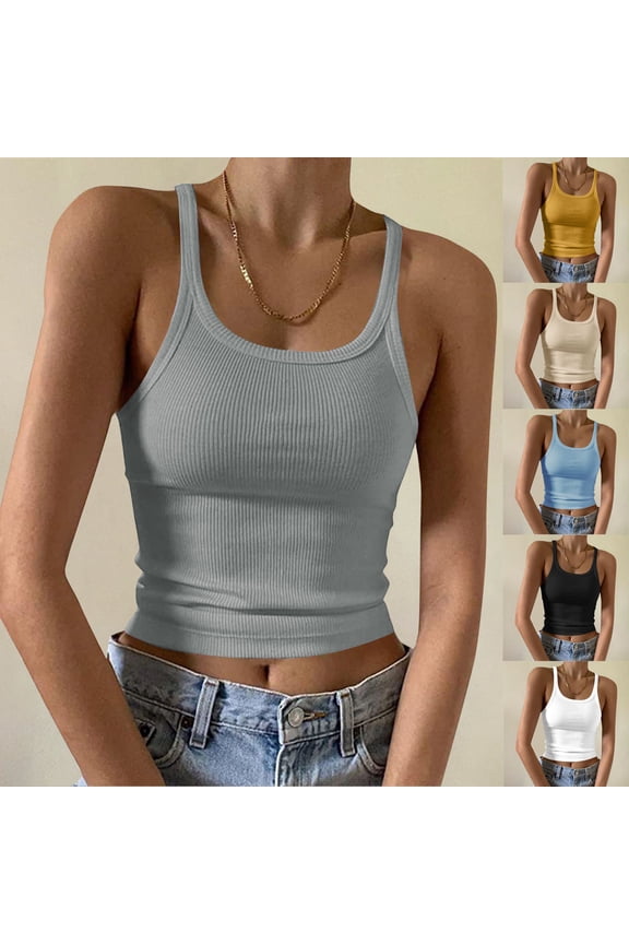 Double Lined Camisole Tank Tops for Women Summer Scoop Neck Sleeveless Ribbed Knit Cami Spaghetti Strap Shirts Slim Fitted Basic Tanks Shirts